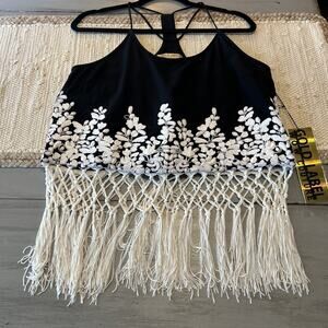 Gold Label Black White Embroidered Leaves Macrame Fringe Cropped Tank Top Sz M